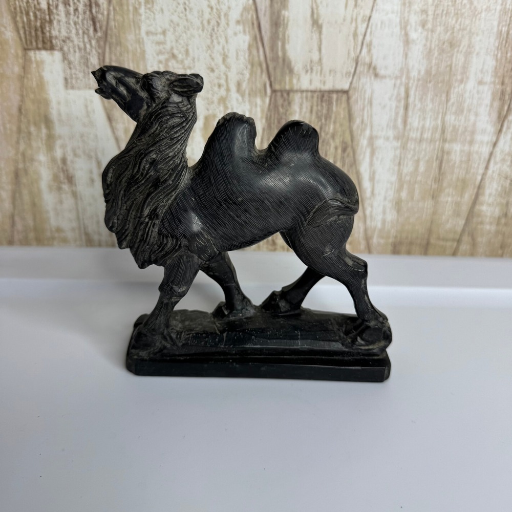 Vintage Hand Carved Black Stone Bactrian Camel Figurine Statue Two Hump 5.5 Inch
